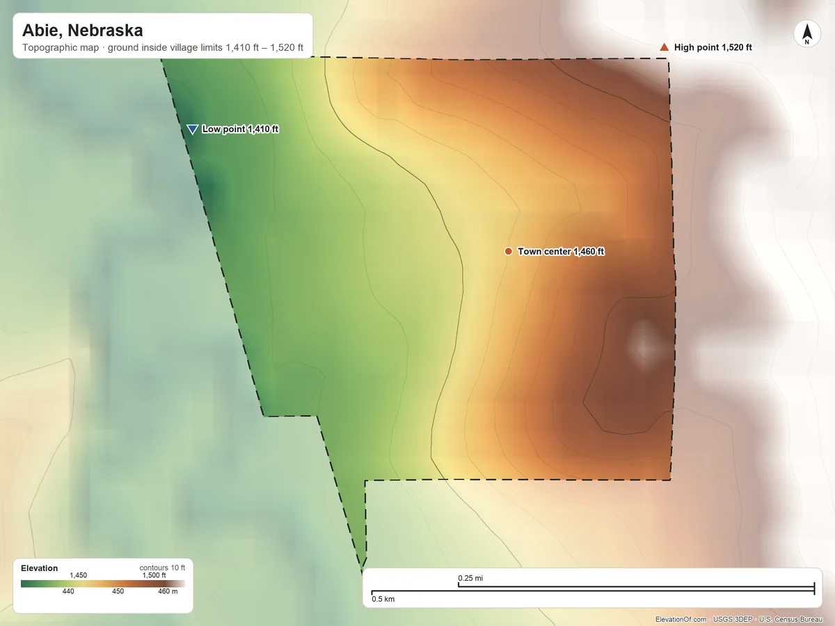 Topographic elevation map of Abie, Nebraska, shaded from 1,410 ft on the west side to 1,520 ft on the northeast side