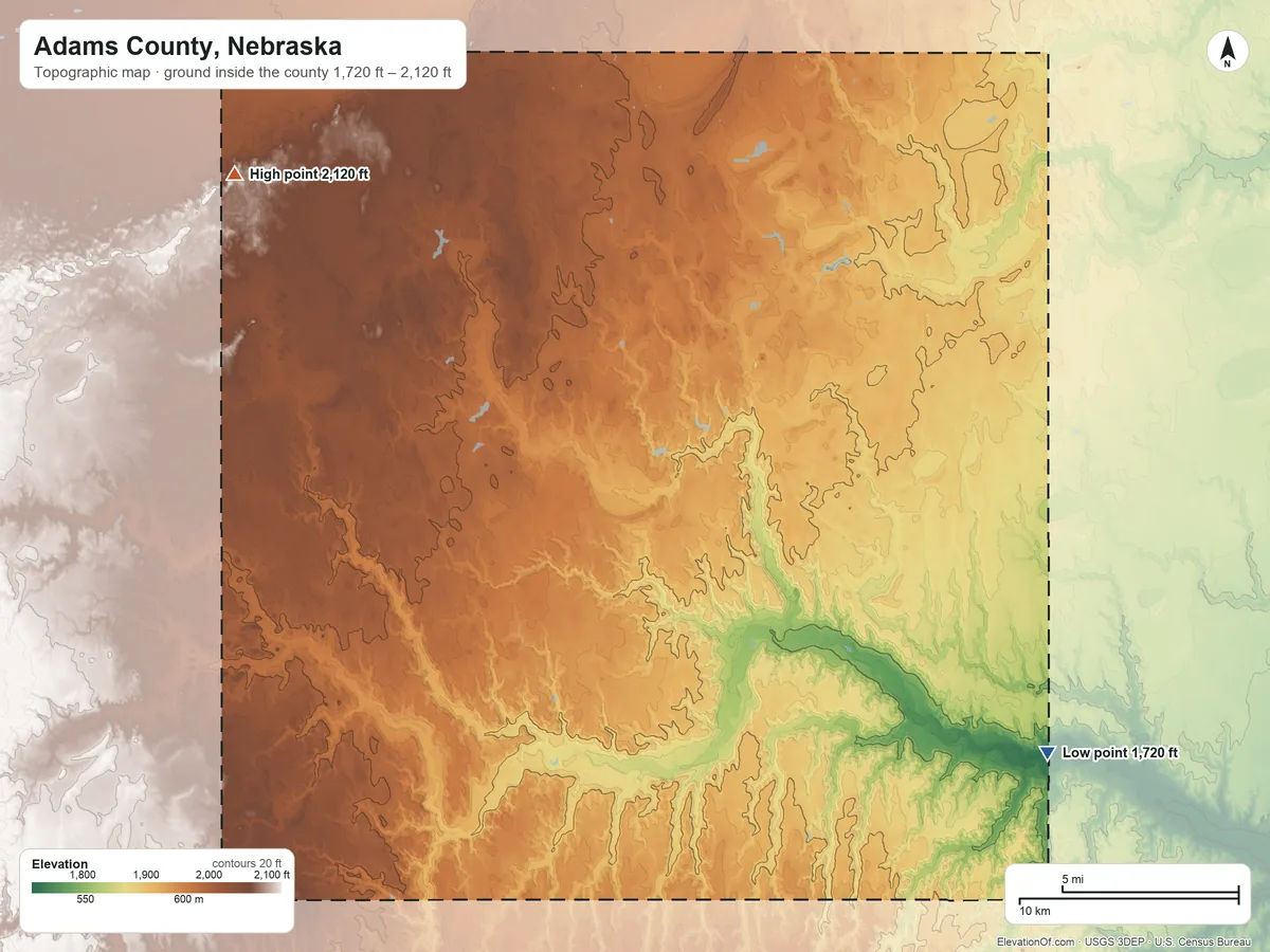 Topographic elevation map of Adams County, Nebraska, shaded from 1,720 ft on the southeast side to 2,120 ft on the northwest side