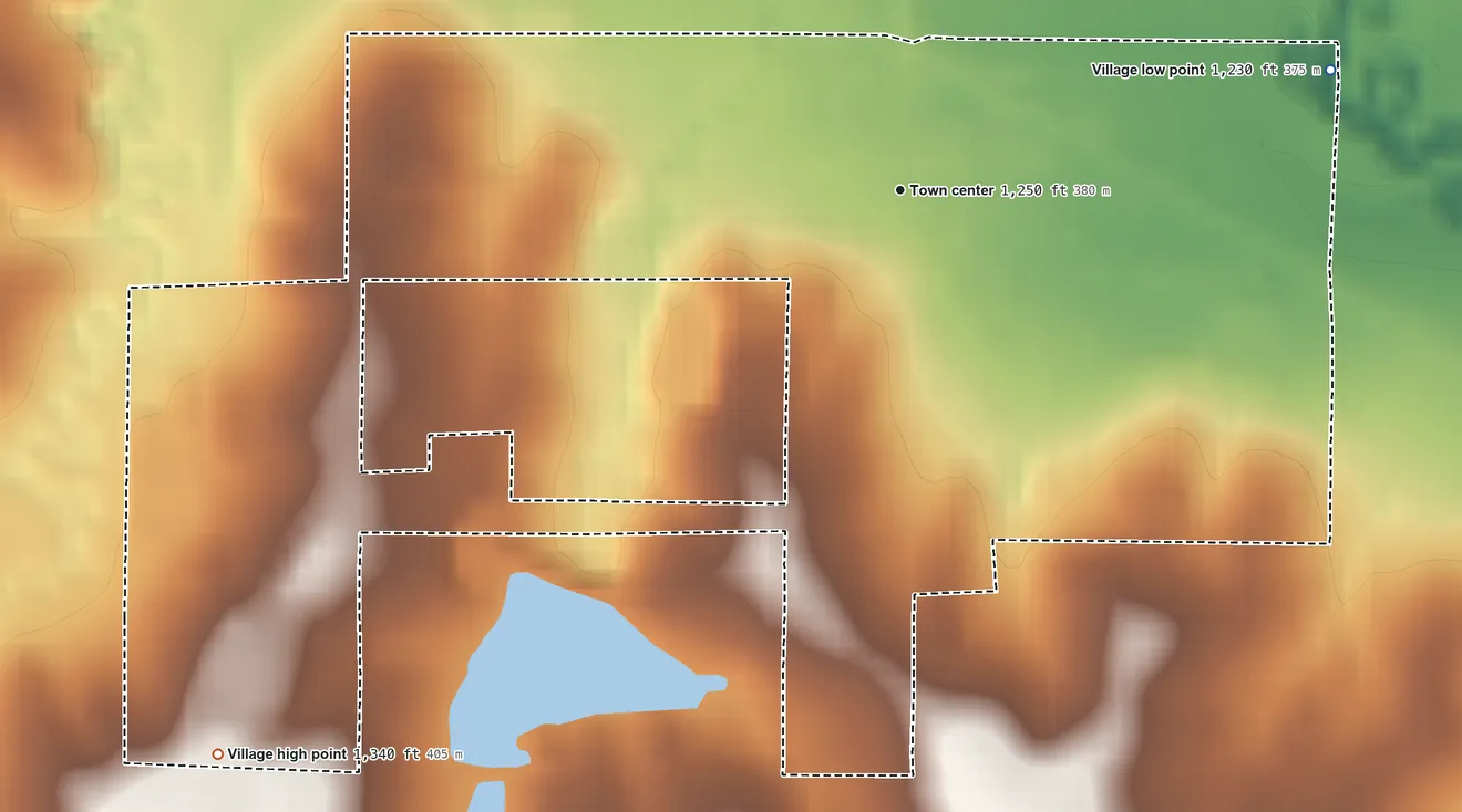 Topographic elevation map of Adams, Nebraska, shaded from 1,230 ft on the east side to 1,340 ft on the southwest side