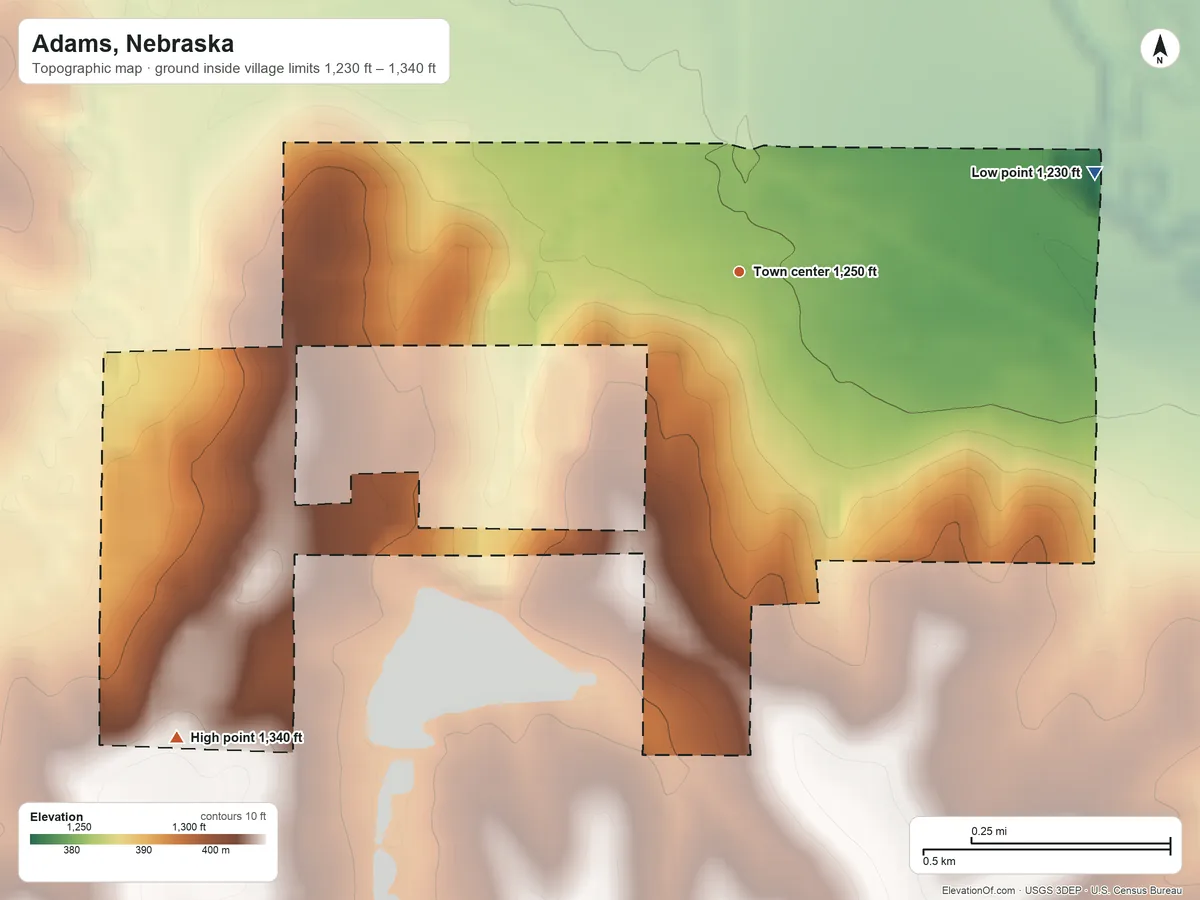 Topographic elevation map of Adams, Nebraska, shaded from 1,230 ft on the east side to 1,340 ft on the southwest side
