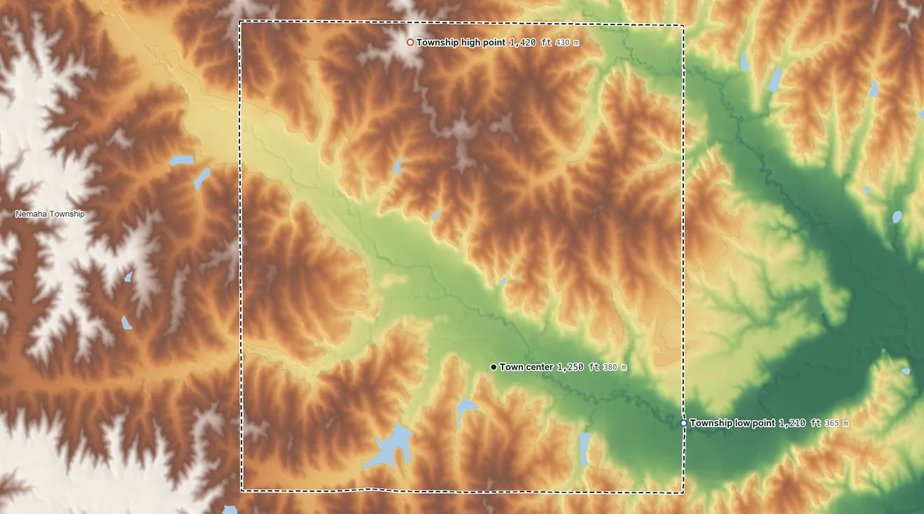 Topographic elevation map of Adams Township, Nebraska, shaded from 1,210 ft on the east side to 1,420 ft on the north side