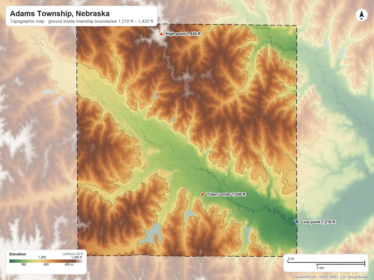 Topographic elevation map of Adams Township, Nebraska, shaded from 1,210 ft on the east side to 1,420 ft on the north side