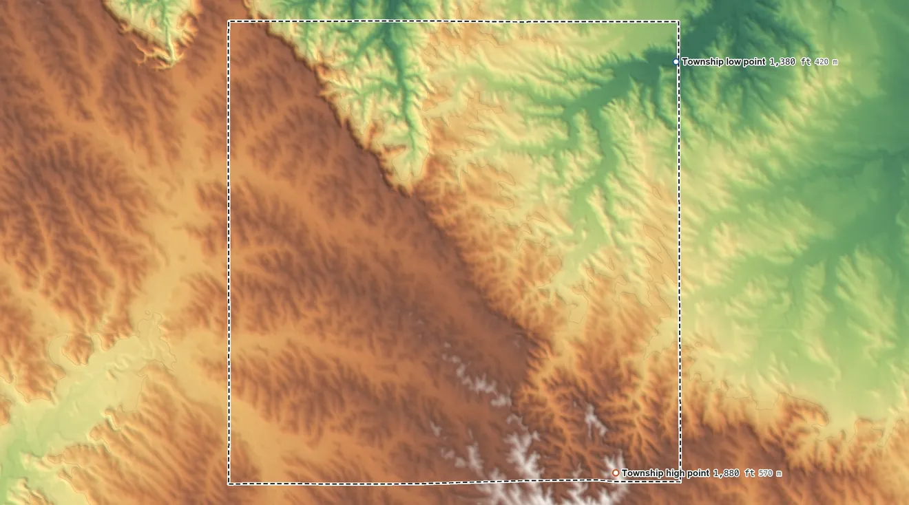 Topographic elevation map of Addison Township, Nebraska, shaded from 1,380 ft on the northeast side to 1,880 ft on the southeast side