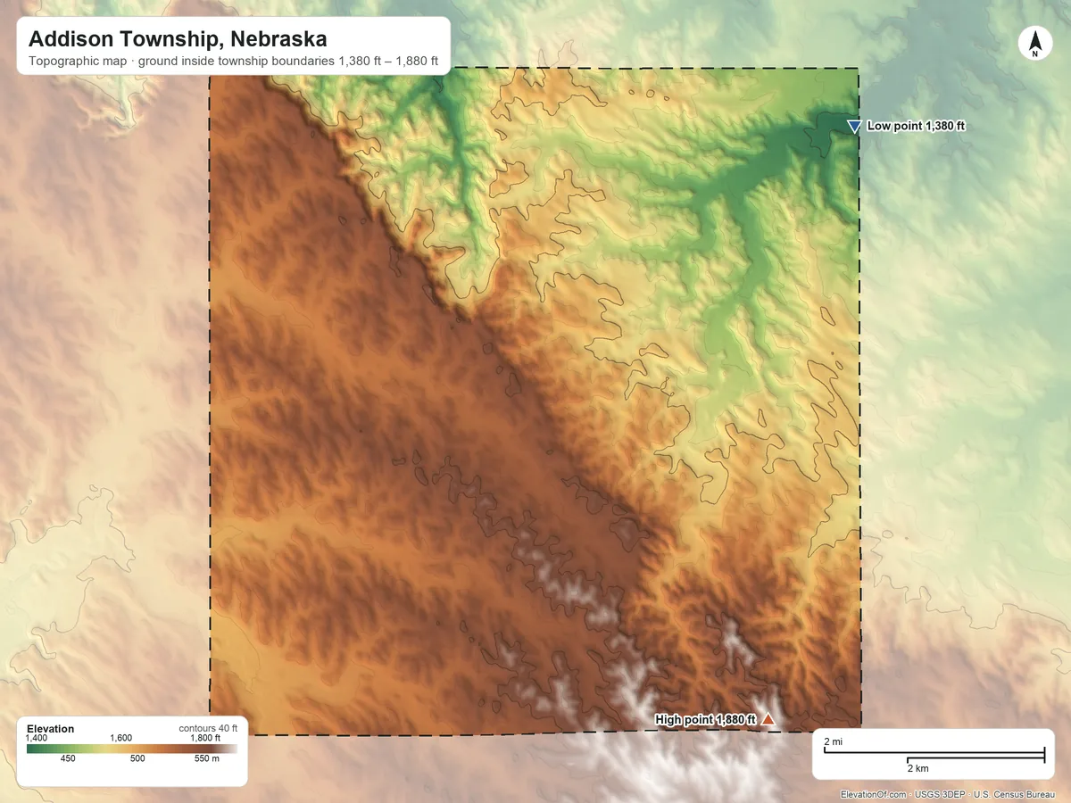 Topographic elevation map of Addison Township, Nebraska, shaded from 1,380 ft on the northeast side to 1,880 ft on the southeast side