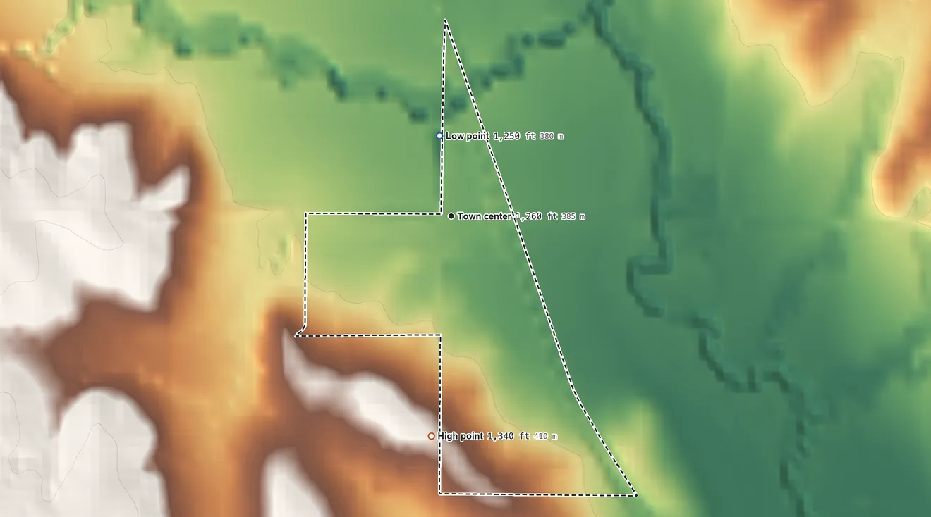 Topographic elevation map of Agnew, Nebraska, shaded from 1,250 ft on the north side to 1,340 ft on the south side
