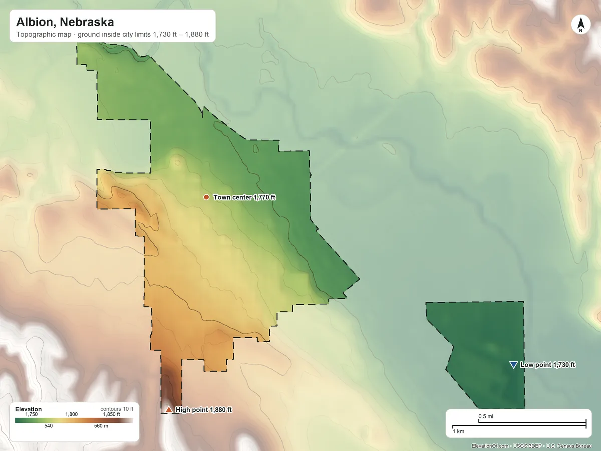 Topographic elevation map of Albion, Nebraska, shaded from 1,730 ft on the southeast side to 1,880 ft on the south side