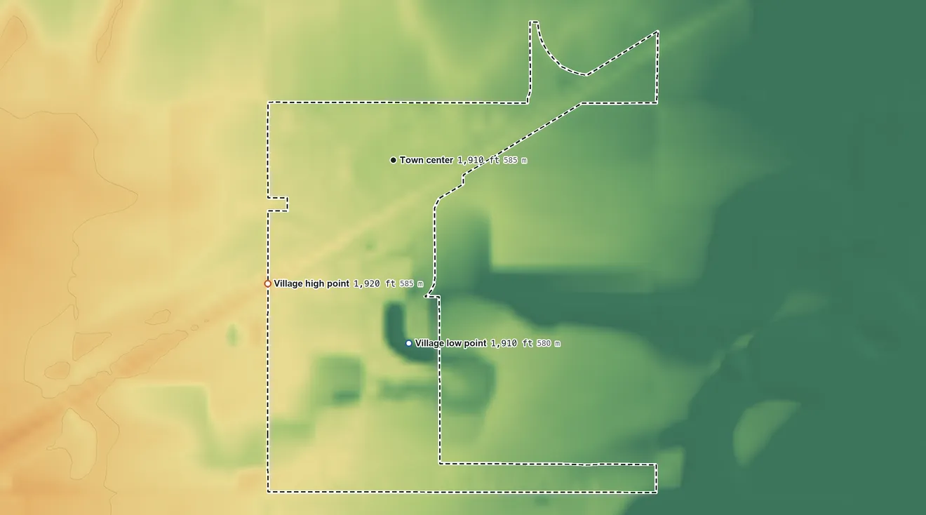 Topographic elevation map of Alda, Nebraska, shaded from 1,910 ft on the south side to 1,920 ft on the southwest side