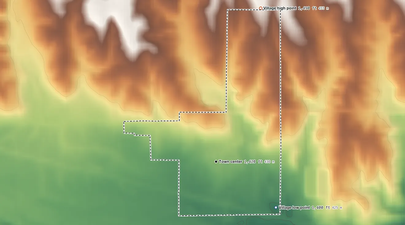 Topographic elevation map of Alexandria, Nebraska, shaded from 1,400 ft on the southeast side to 1,490 ft on the north side