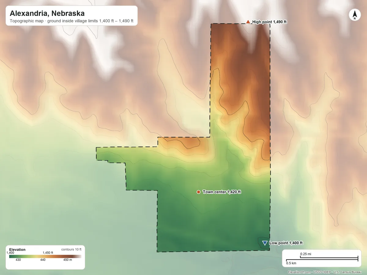 Topographic elevation map of Alexandria, Nebraska, shaded from 1,400 ft on the southeast side to 1,490 ft on the north side