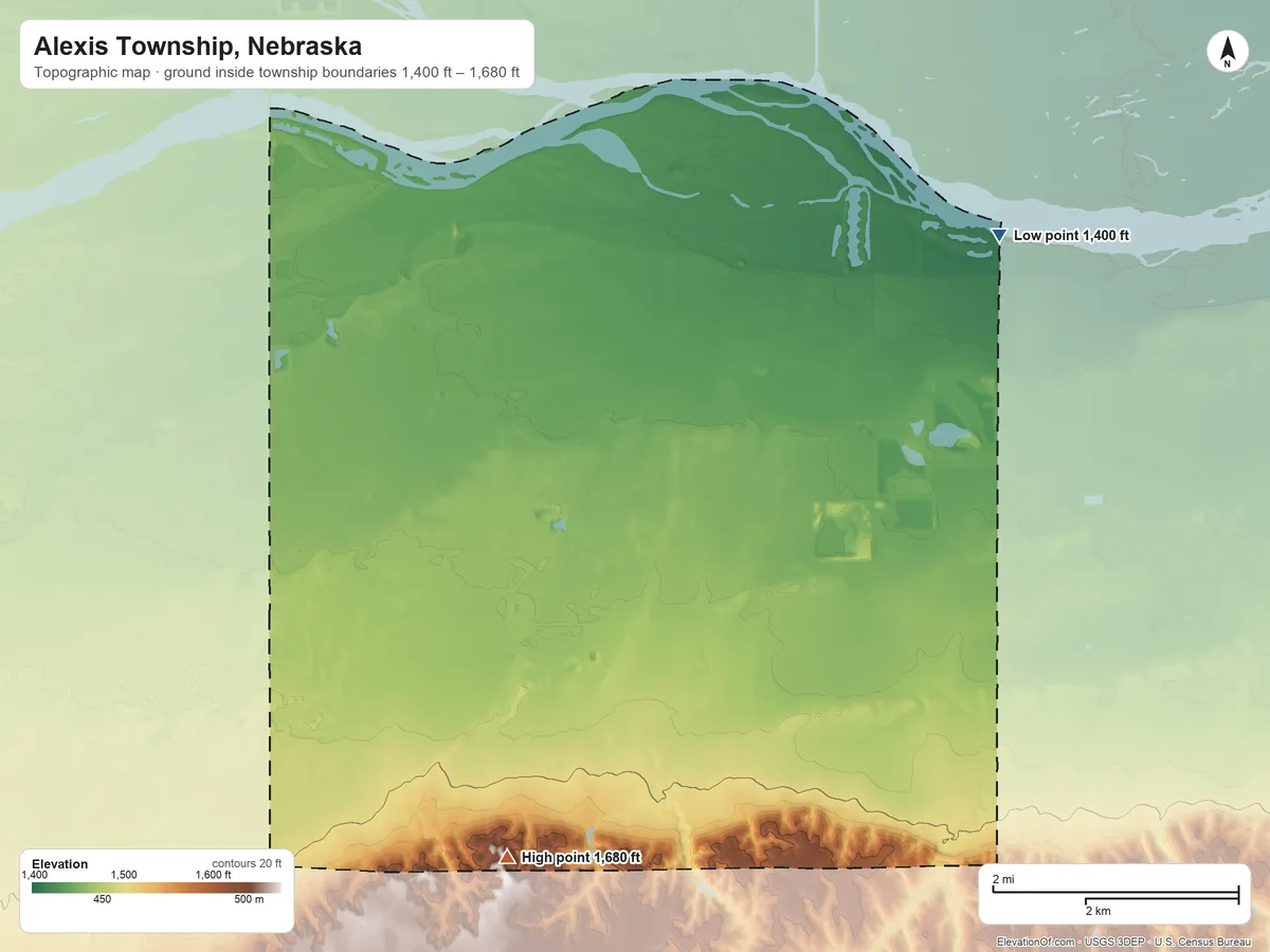 Topographic elevation map of Alexis Township, Nebraska, shaded from 1,400 ft on the east side to 1,680 ft on the south side