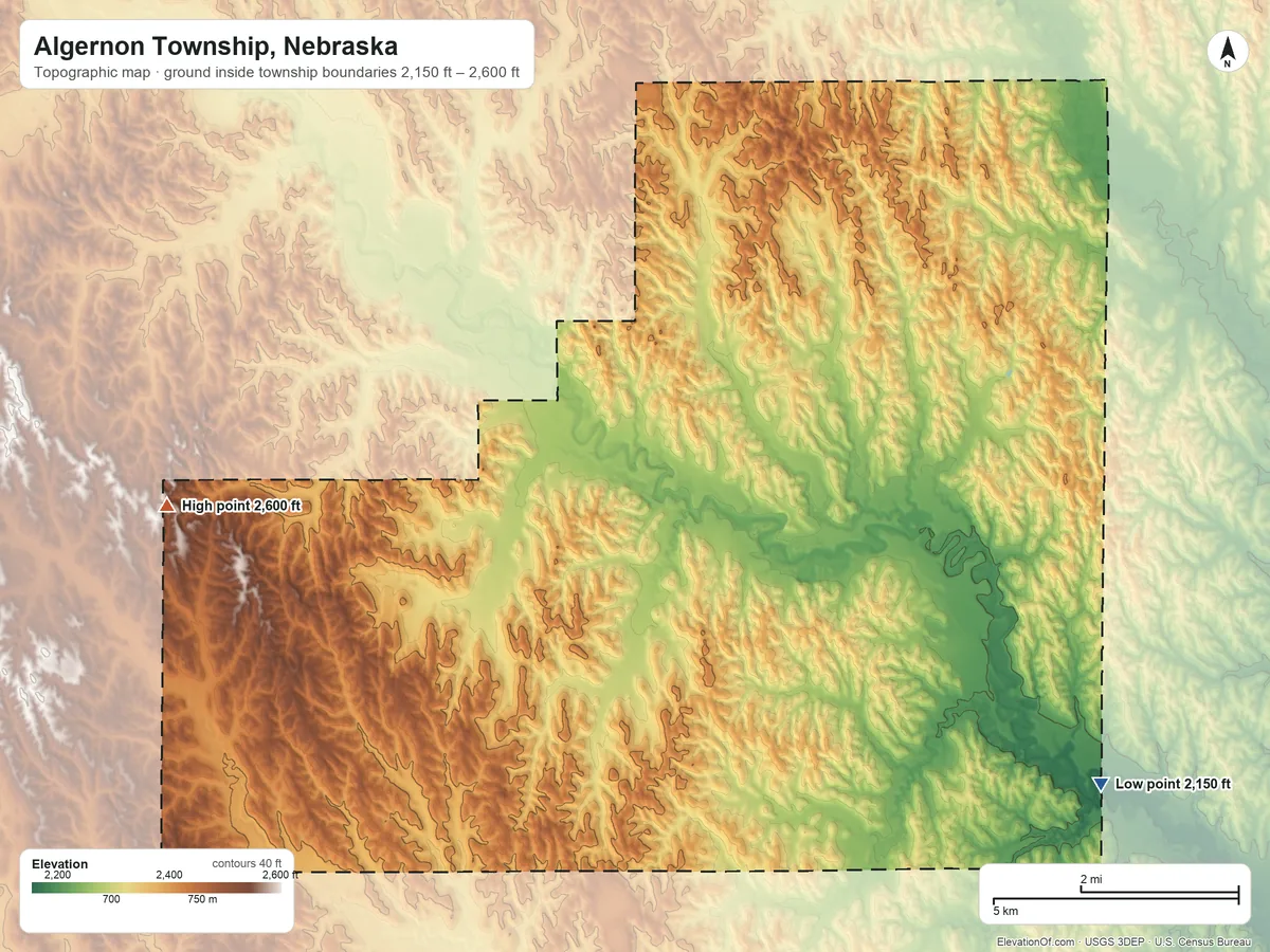 Topographic elevation map of Algernon Township, Nebraska, shaded from 2,150 ft on the southeast side to 2,600 ft on the west side