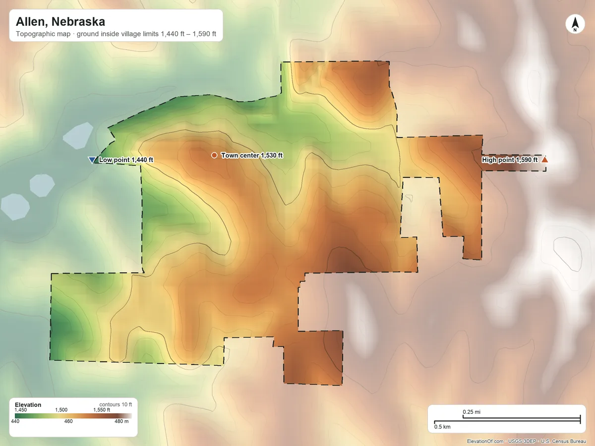Topographic elevation map of Allen, Nebraska, shaded from 1,440 ft on the west side to 1,590 ft on the east side