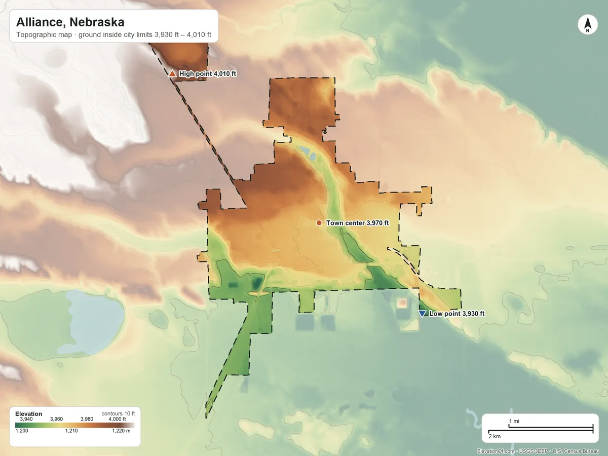 Topographic elevation map of Alliance, Nebraska, shaded from 3,930 ft on the southeast side to 4,010 ft on the northwest side