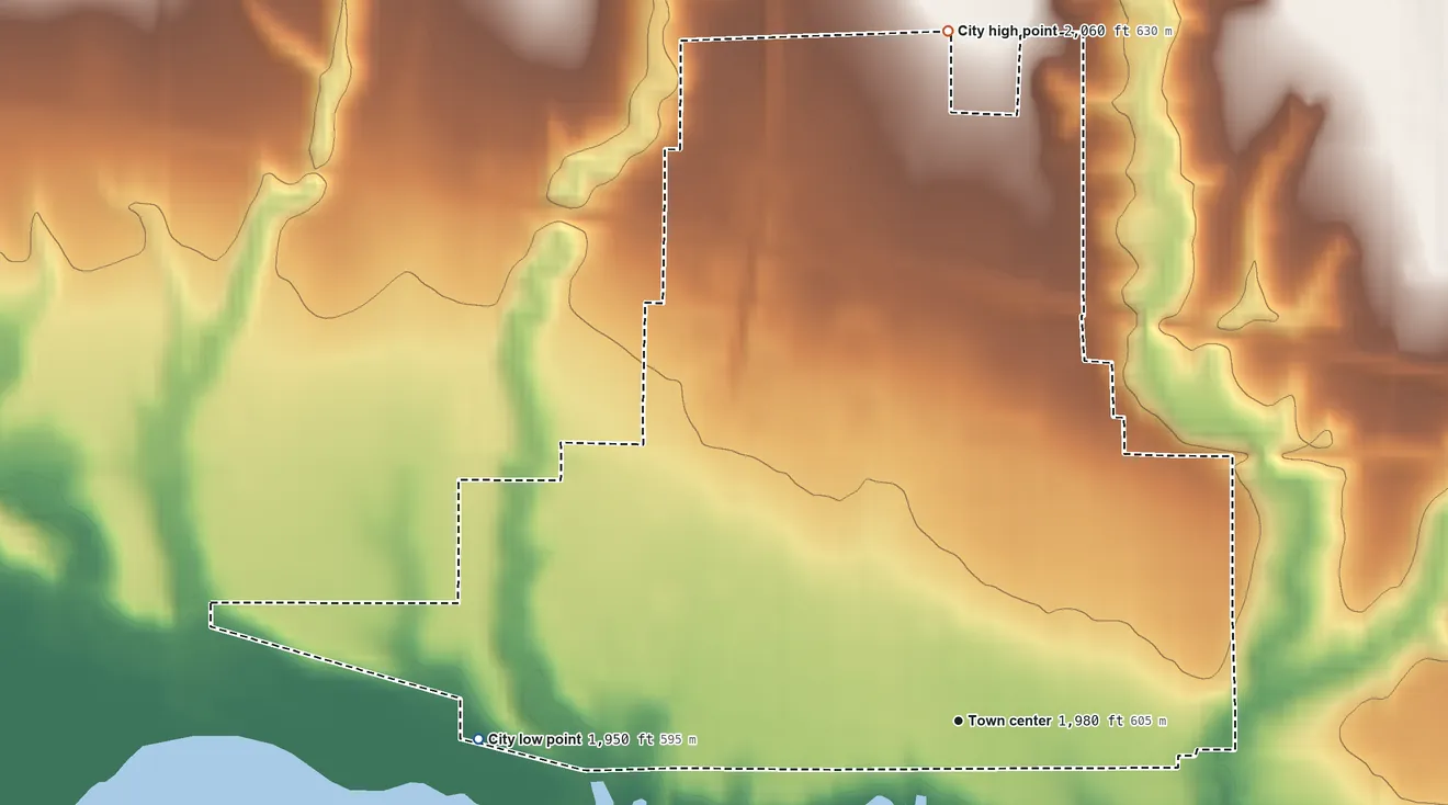 Topographic elevation map of Alma, Nebraska, shaded from 1,950 ft on the west side to 2,060 ft on the north side