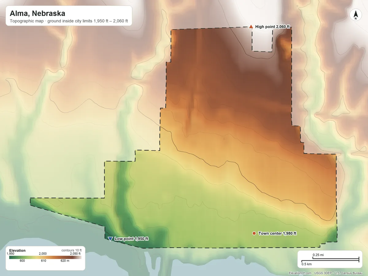 Topographic elevation map of Alma, Nebraska, shaded from 1,950 ft on the west side to 2,060 ft on the north side