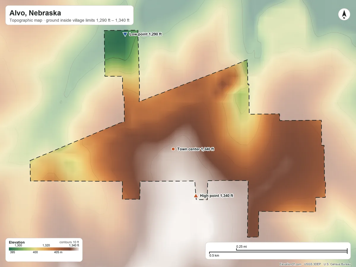 Topographic elevation map of Alvo, Nebraska, shaded from 1,290 ft on the northwest side to 1,340 ft on the southeast side