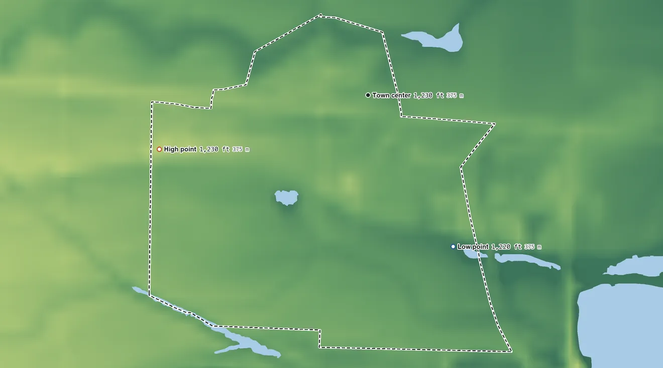 Topographic elevation map of Ames, Nebraska, shaded from 1,220 ft on the southeast side to 1,230 ft on the west side
