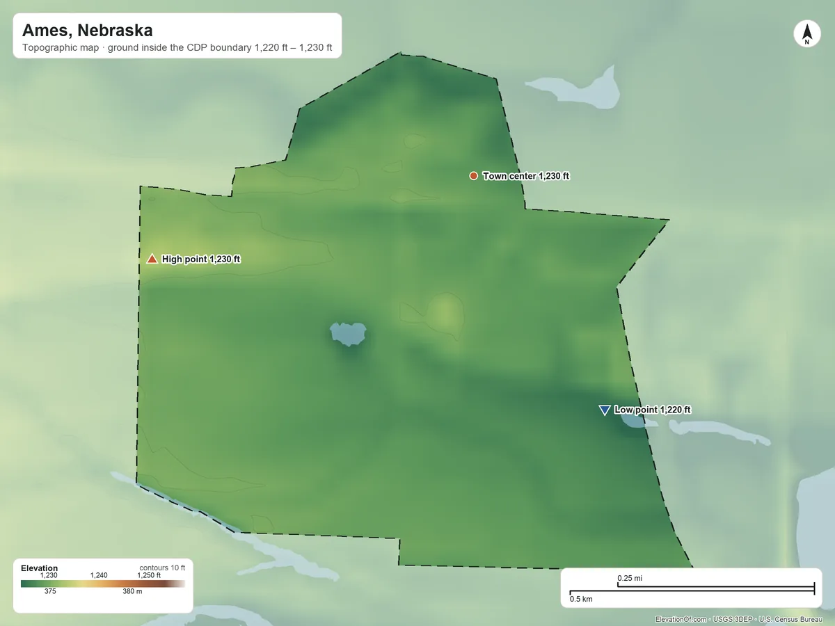 Topographic elevation map of Ames, Nebraska, shaded from 1,220 ft on the southeast side to 1,230 ft on the west side