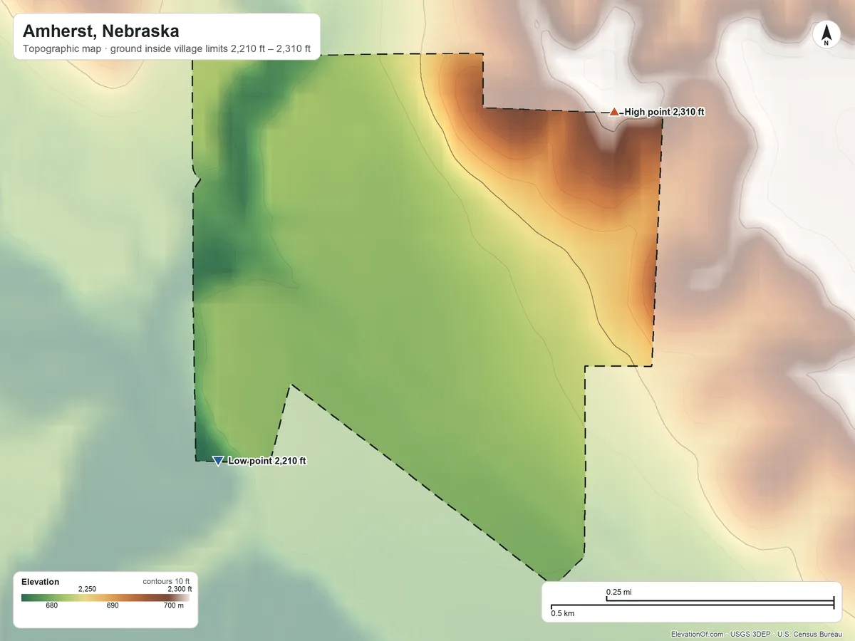 Topographic elevation map of Amherst, Nebraska, shaded from 2,210 ft on the southwest side to 2,310 ft on the northeast side