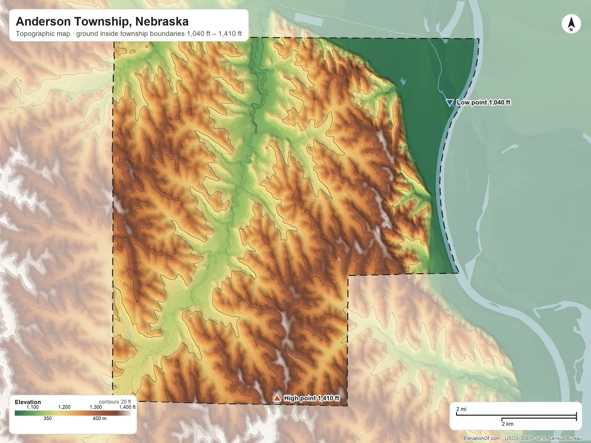 Topographic elevation map of Anderson Township, Nebraska, shaded from 1,040 ft on the east side to 1,410 ft on the south side