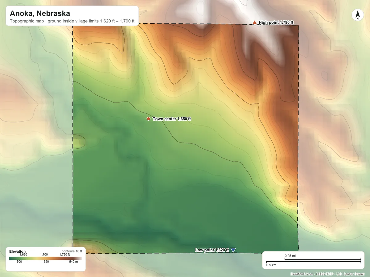 Topographic elevation map of Anoka, Nebraska, shaded from 1,620 ft on the southeast side to 1,790 ft on the northeast side