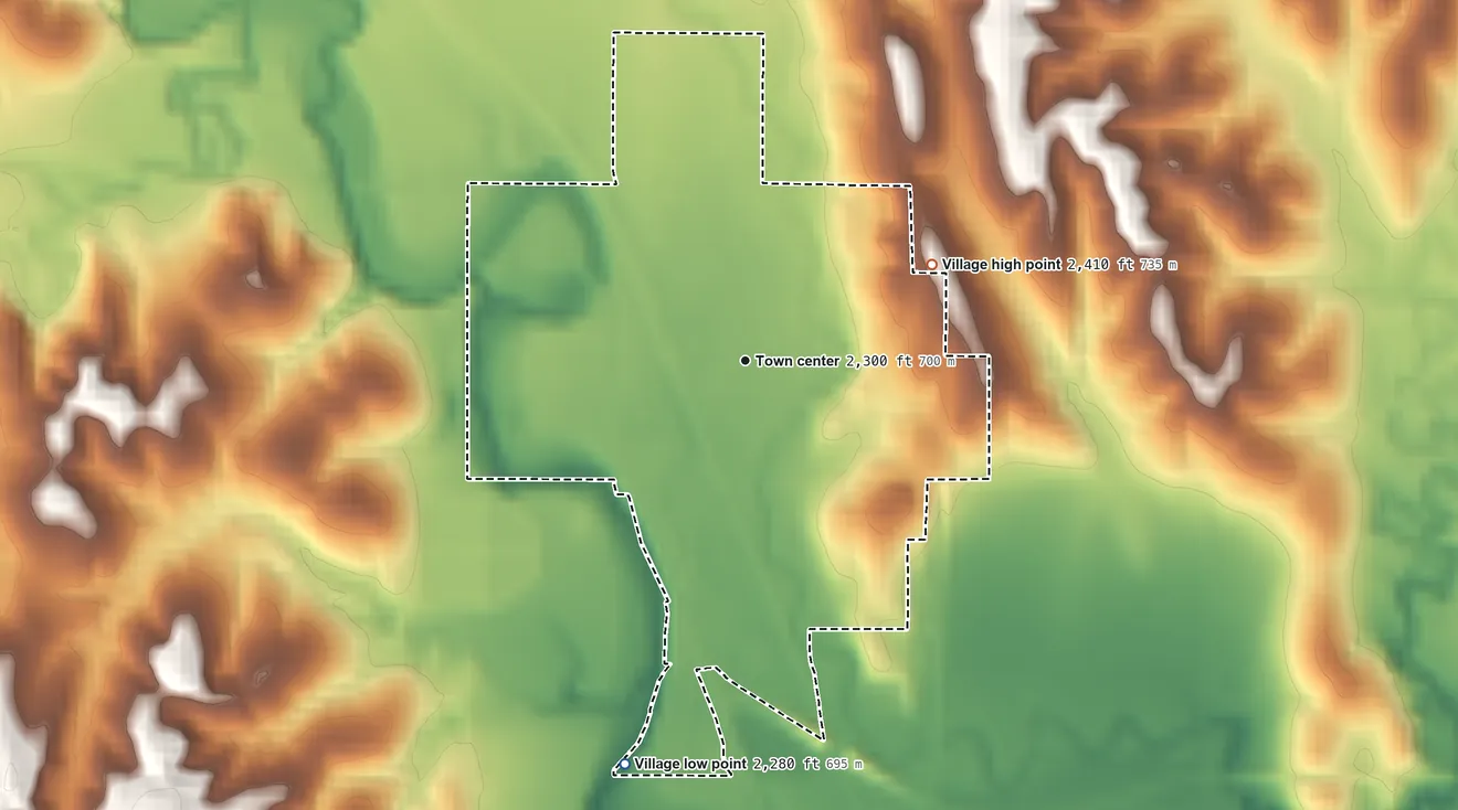 Topographic elevation map of Ansley, Nebraska, shaded from 2,280 ft on the south side to 2,410 ft on the northeast side