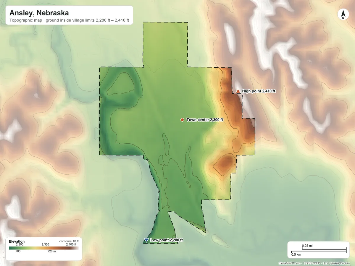 Topographic elevation map of Ansley, Nebraska, shaded from 2,280 ft on the south side to 2,410 ft on the northeast side