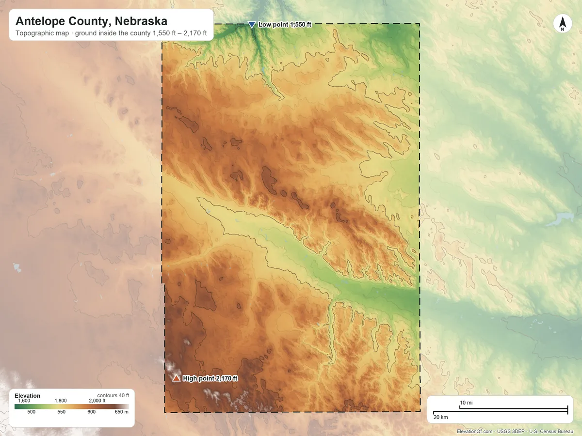 Topographic elevation map of Antelope County, Nebraska, shaded from 1,550 ft on the north side to 2,170 ft on the southwest side