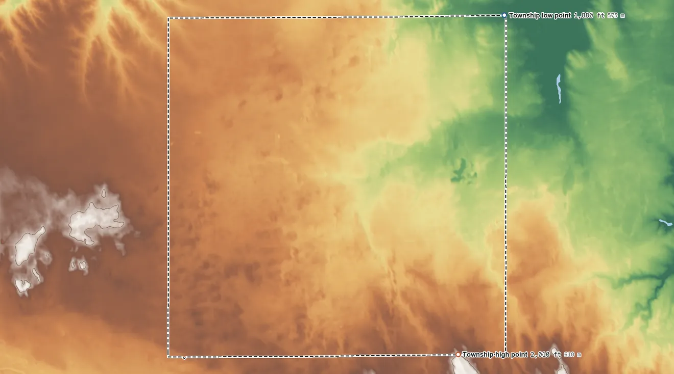 Topographic elevation map of Antelope Township, Holt County, Nebraska, shaded from 1,880 ft on the northeast side to 2,010 ft on the southeast side