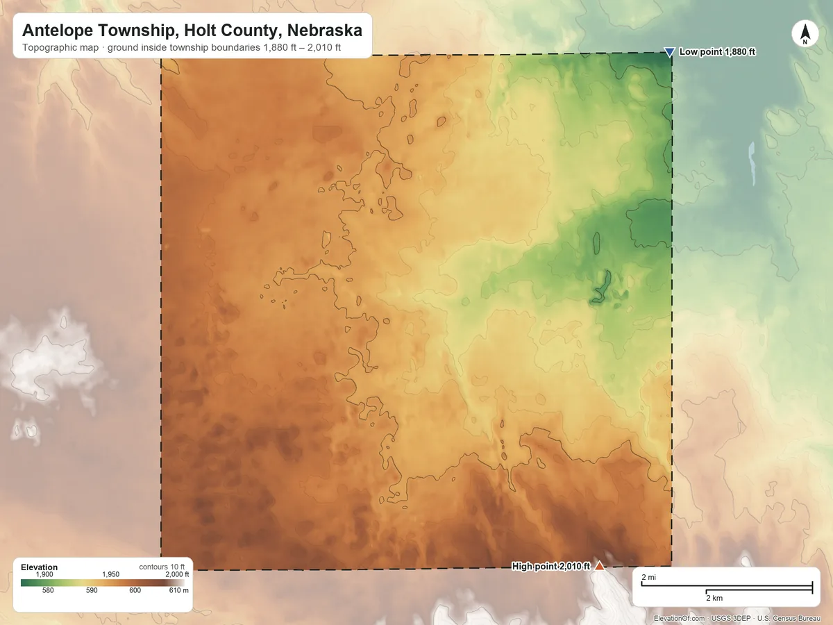 Topographic elevation map of Antelope Township, Holt County, Nebraska, shaded from 1,880 ft on the northeast side to 2,010 ft on the southeast side
