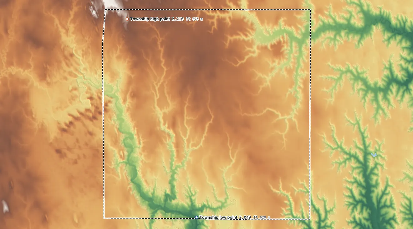 Topographic elevation map of Antelope Township, Nebraska, shaded from 2,040 ft on the south side to 2,210 ft on the northwest side