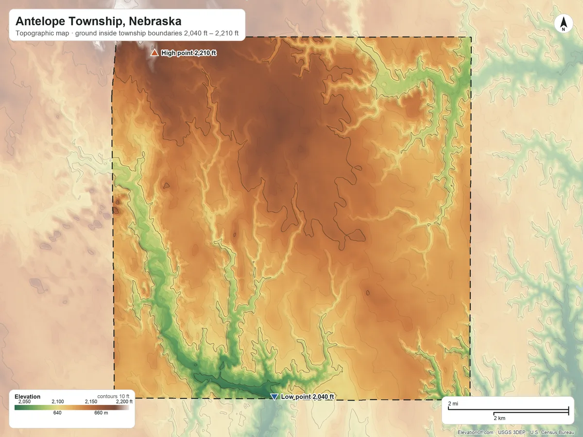 Topographic elevation map of Antelope Township, Nebraska, shaded from 2,040 ft on the south side to 2,210 ft on the northwest side