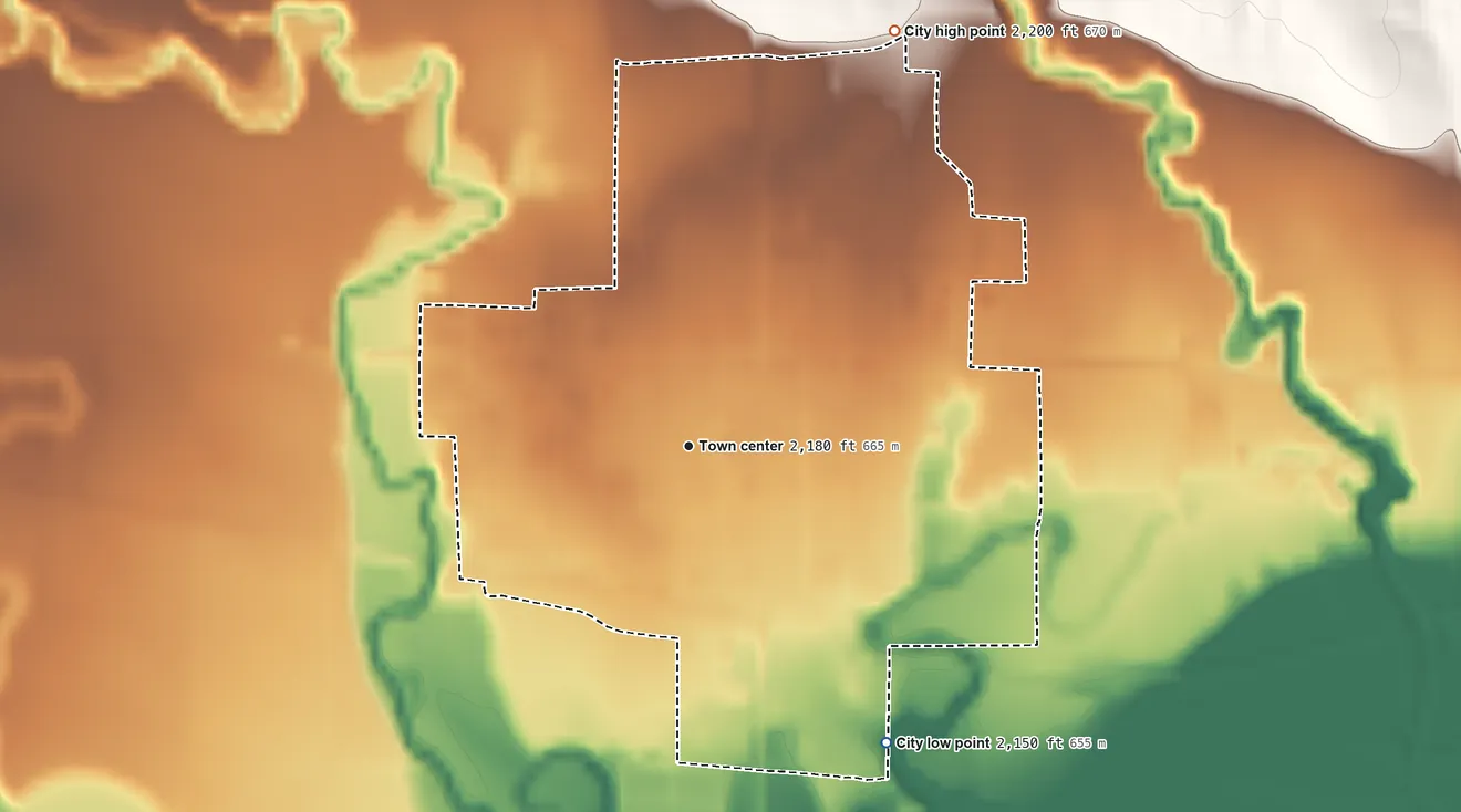 Topographic elevation map of Arapahoe, Nebraska, shaded from 2,150 ft on the southeast side to 2,200 ft on the northeast side