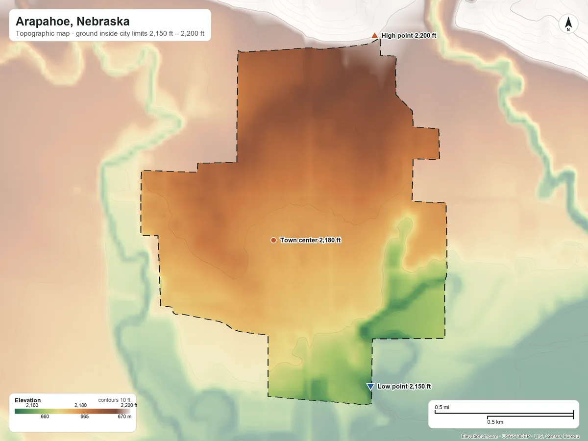 Topographic elevation map of Arapahoe, Nebraska, shaded from 2,150 ft on the southeast side to 2,200 ft on the northeast side