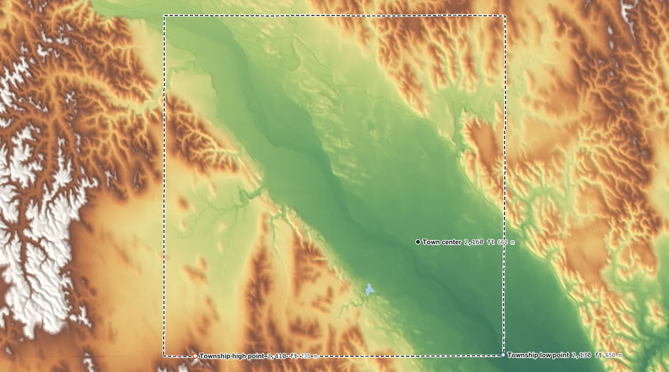 Topographic elevation map of Arcadia Township, Nebraska, shaded from 2,130 ft on the southeast side to 2,410 ft on the southwest side