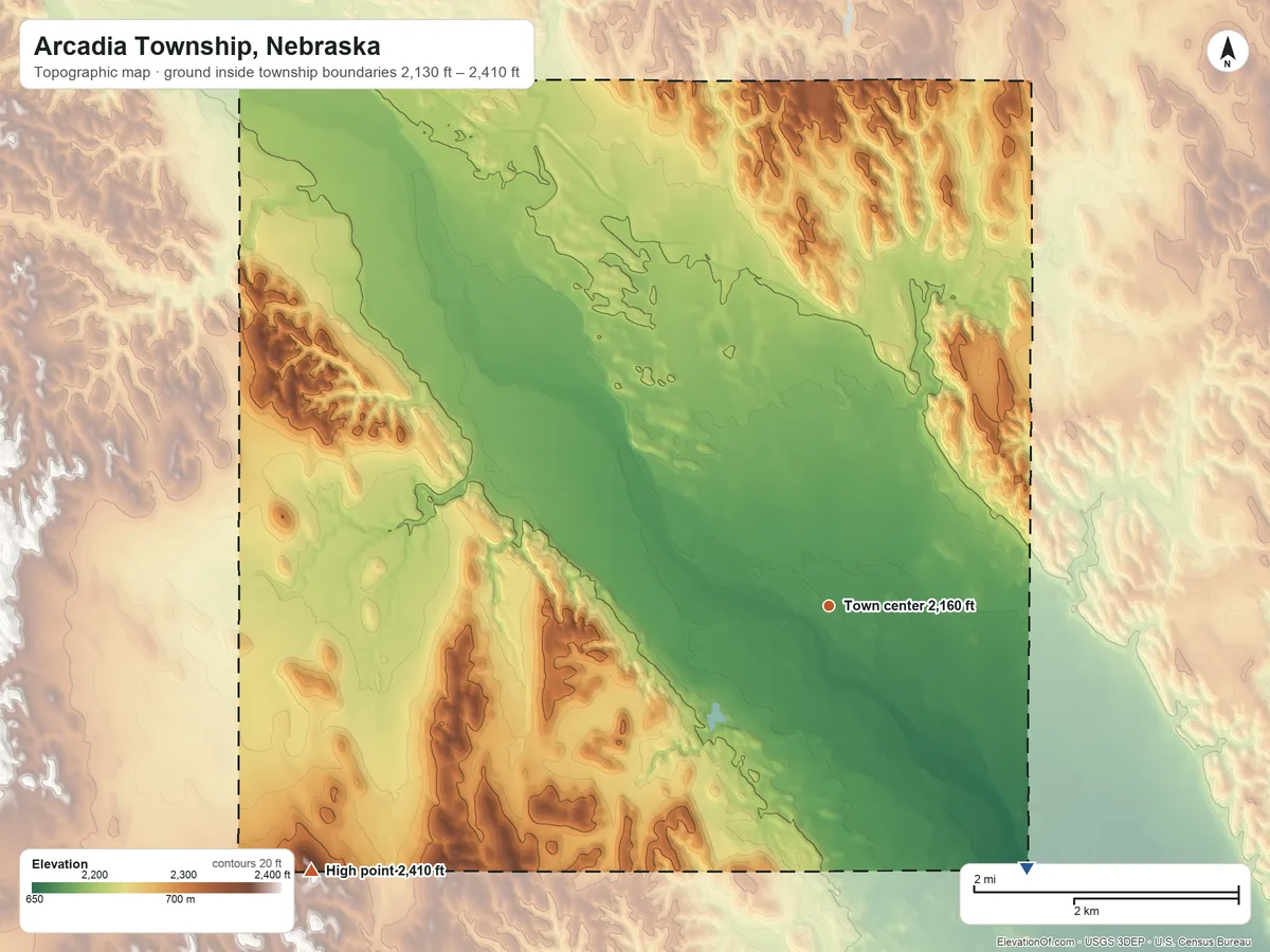 Topographic elevation map of Arcadia Township, Nebraska, shaded from 2,130 ft on the southeast side to 2,410 ft on the southwest side