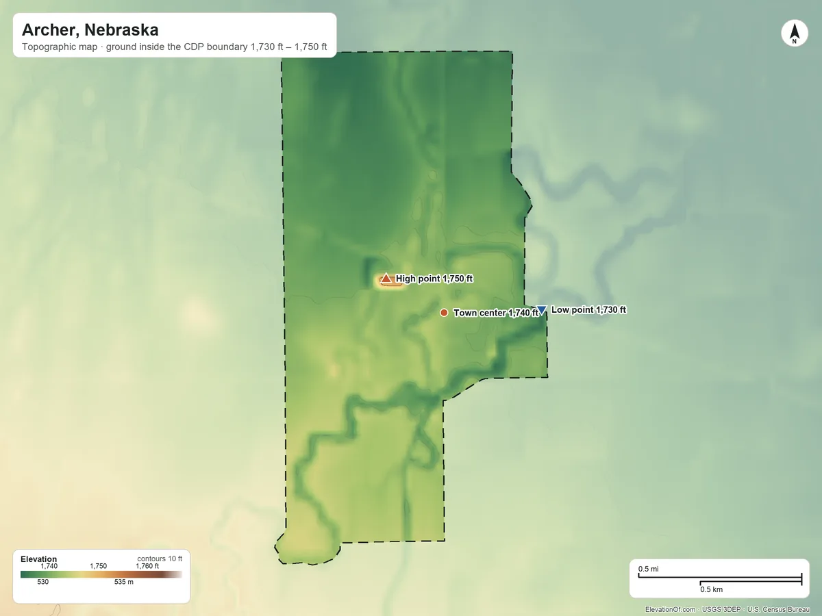 Topographic elevation map of Archer, Nebraska, shaded from 1,730 ft on the east side to 1,750 ft on the northwest side