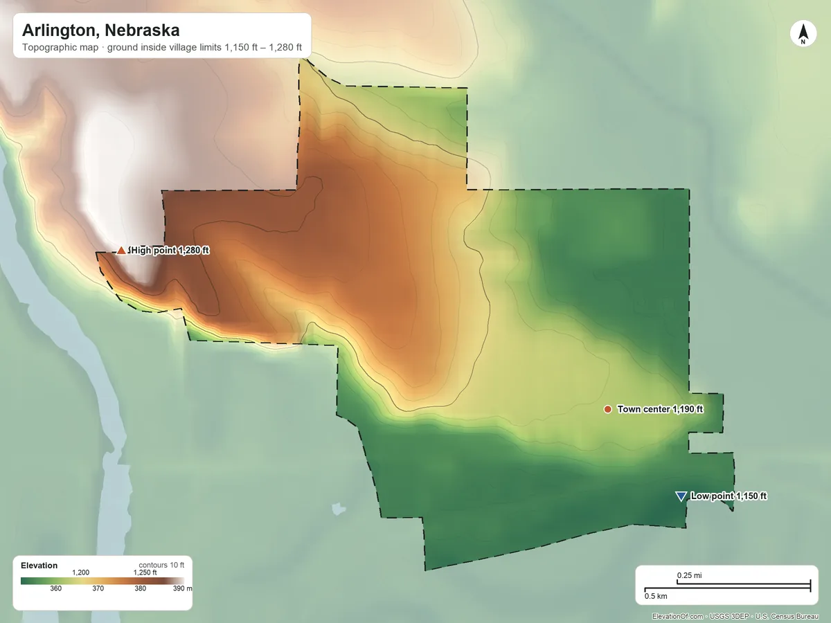 Topographic elevation map of Arlington, Nebraska, shaded from 1,150 ft on the southeast side to 1,280 ft on the west side