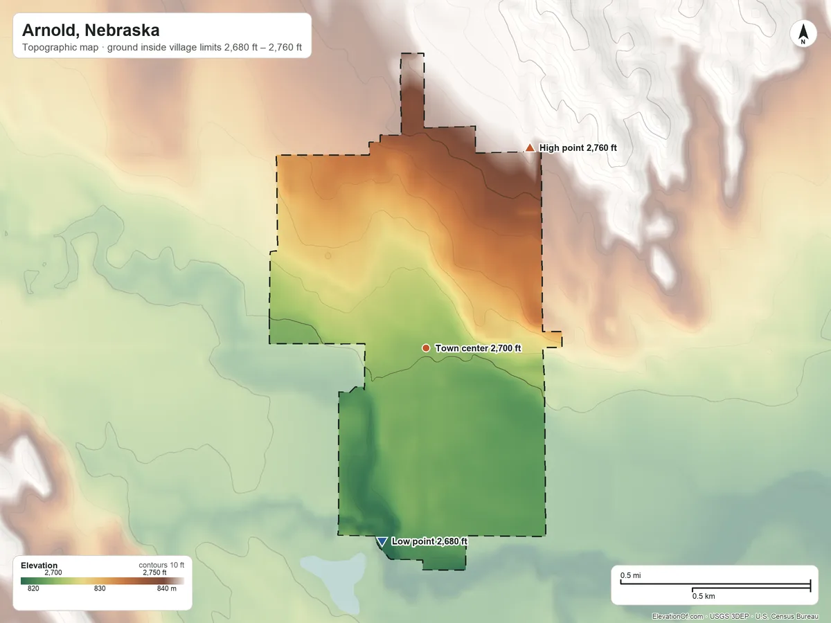 Topographic elevation map of Arnold, Nebraska, shaded from 2,680 ft on the south side to 2,760 ft on the northeast side