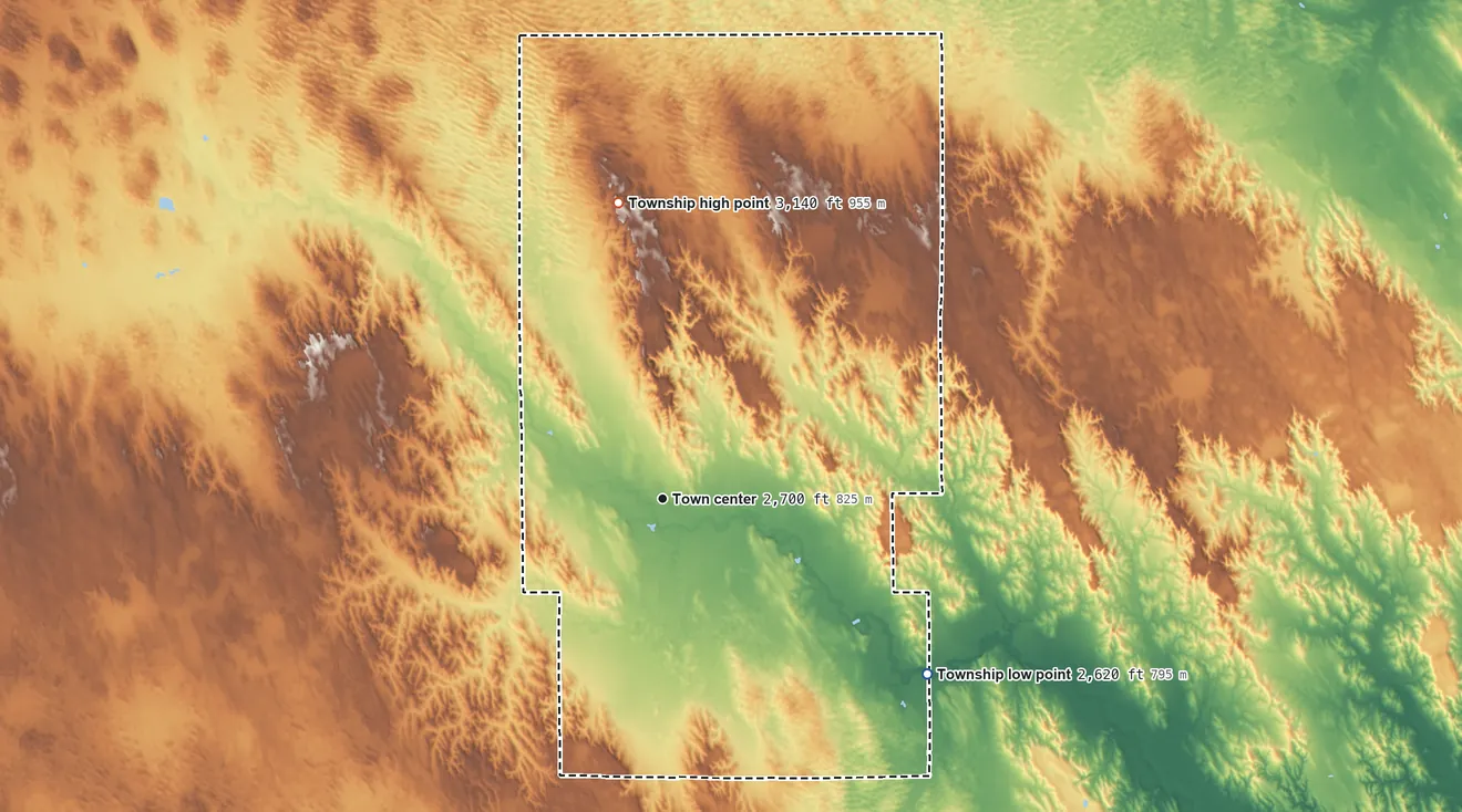 Topographic elevation map of Arnold Township, Nebraska, shaded from 2,620 ft on the southeast side to 3,140 ft on the north side