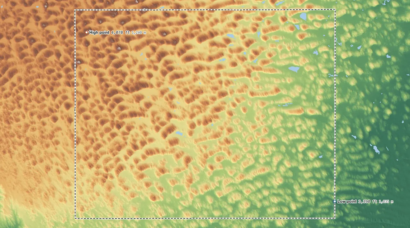 Topographic elevation map of Arthur County, Nebraska, shaded from 3,390 ft on the southeast side to 4,070 ft on the northwest side
