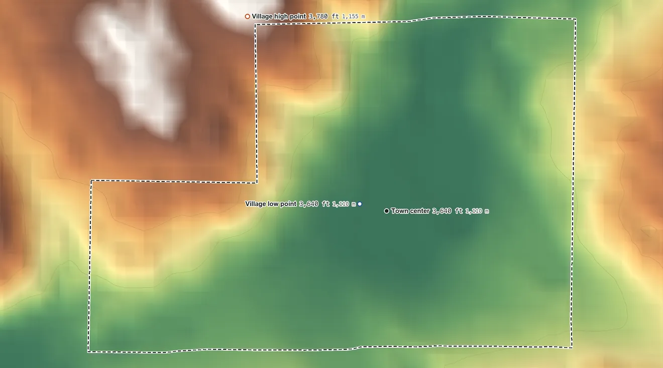 Topographic elevation map of Arthur, Nebraska, shaded from 3,640 ft near the middle to 3,780 ft on the northwest side