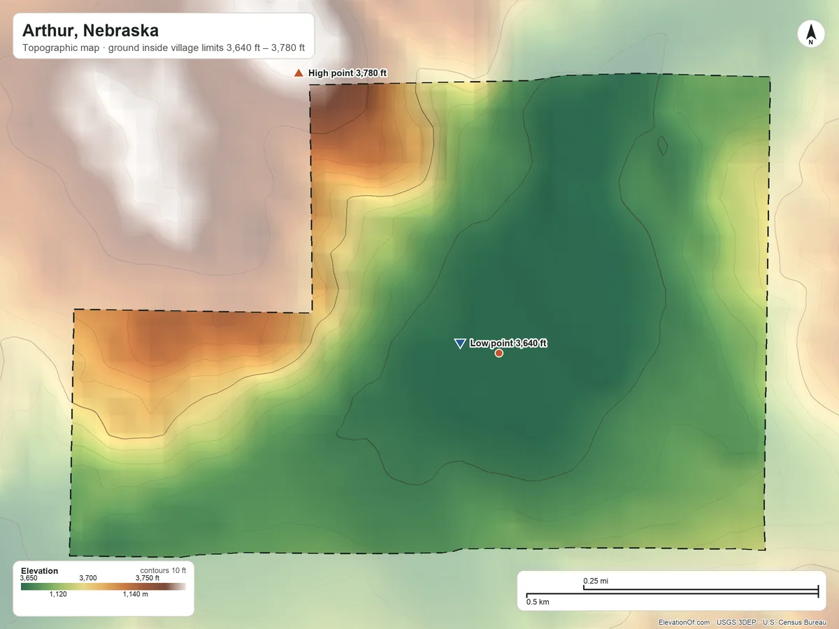 Topographic elevation map of Arthur, Nebraska, shaded from 3,640 ft near the middle to 3,780 ft on the northwest side