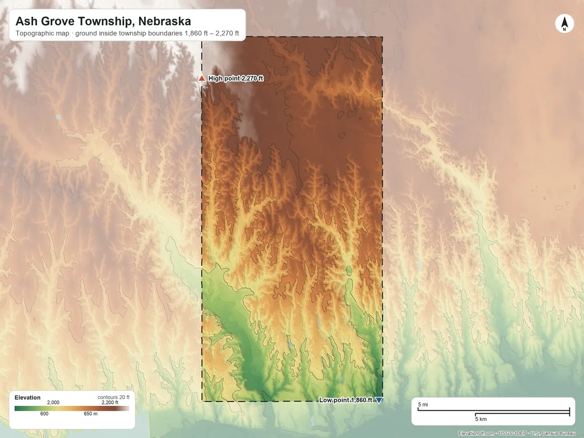 Topographic elevation map of Ash Grove Township, Nebraska, shaded from 1,860 ft on the south side to 2,270 ft on the northwest side