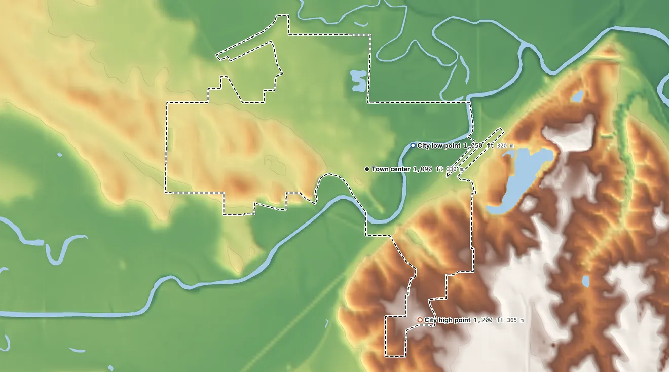 Topographic elevation map of Ashland, Nebraska, shaded from 1,050 ft on the northeast side to 1,200 ft on the south side