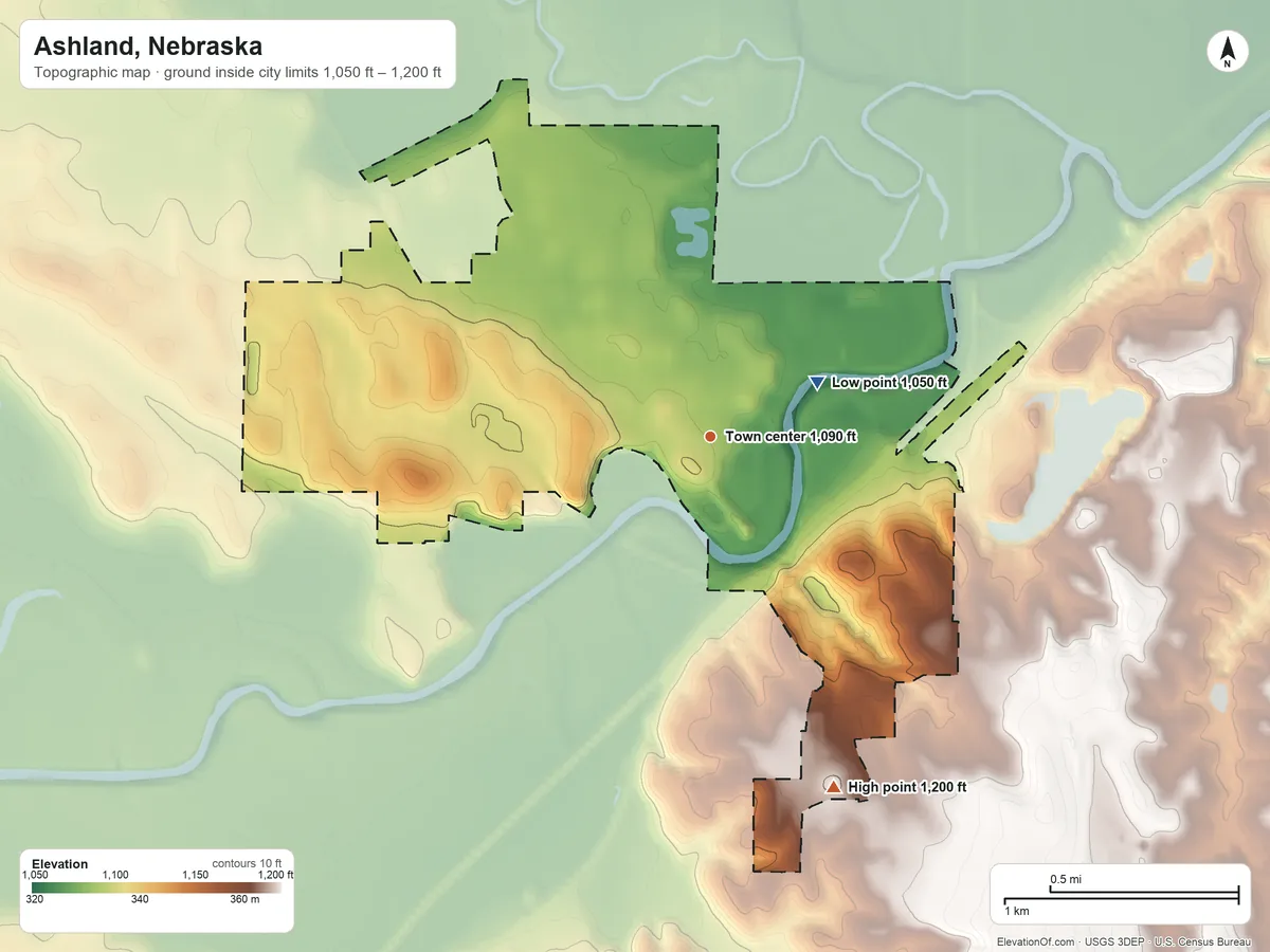 Topographic elevation map of Ashland, Nebraska, shaded from 1,050 ft on the northeast side to 1,200 ft on the south side