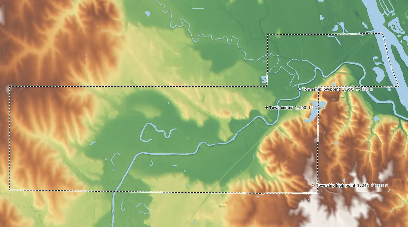 Topographic elevation map of Ashland Township, Nebraska, shaded from 1,050 ft near the middle to 1,240 ft on the southeast side