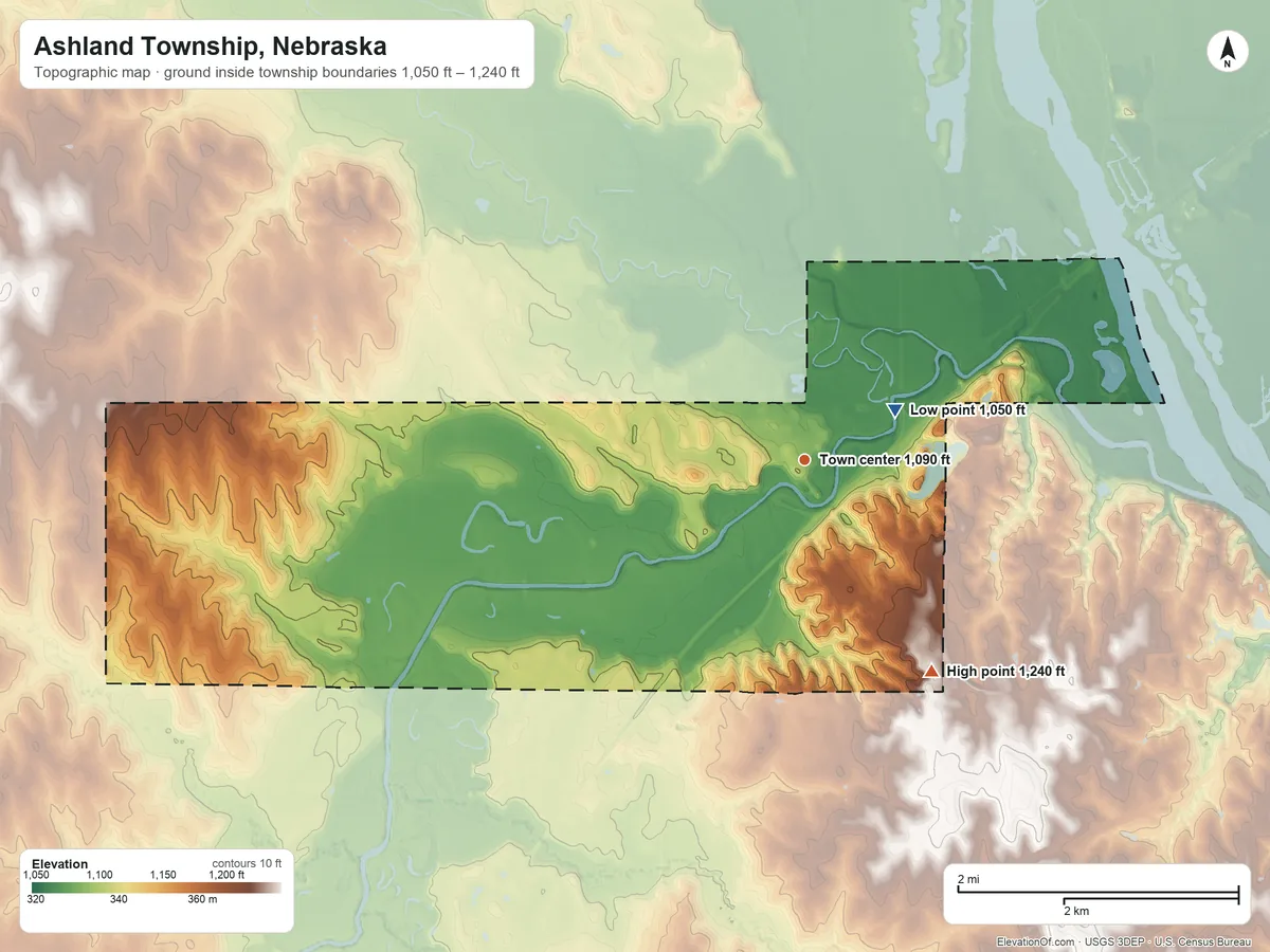Topographic elevation map of Ashland Township, Nebraska, shaded from 1,050 ft near the middle to 1,240 ft on the southeast side