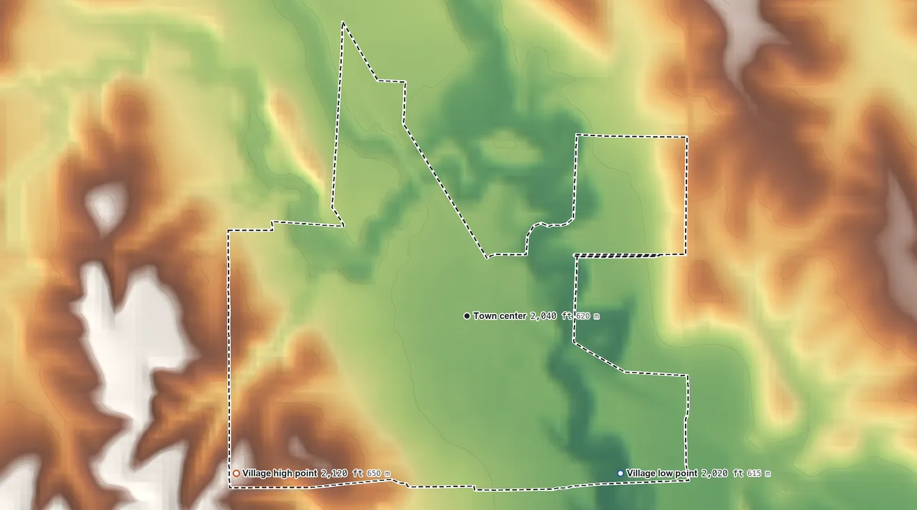 Topographic elevation map of Ashton, Nebraska, shaded from 2,020 ft on the southeast side to 2,120 ft on the southwest side