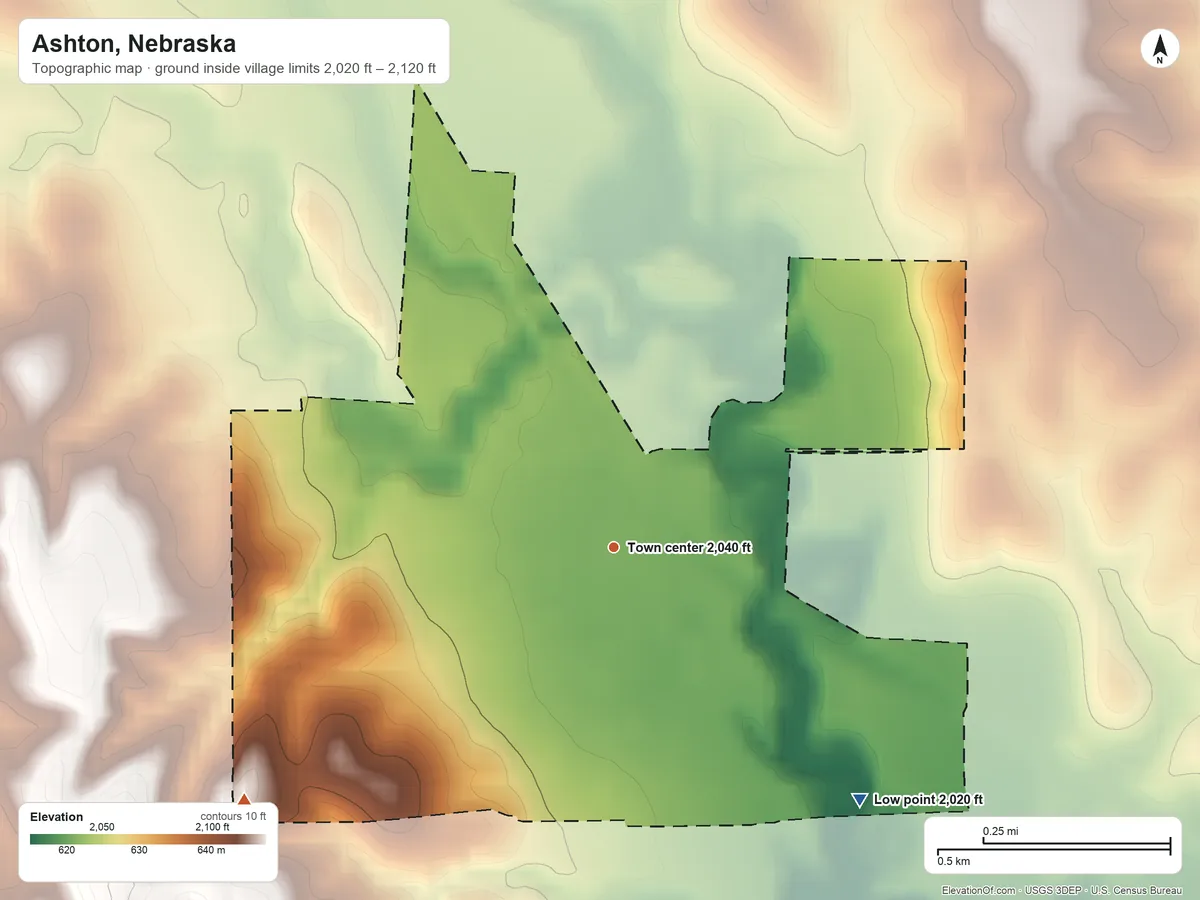 Topographic elevation map of Ashton, Nebraska, shaded from 2,020 ft on the southeast side to 2,120 ft on the southwest side